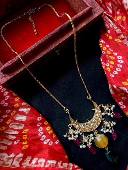 Moon Shape Kundan, Pachi Kundan and Monalisa Stone Pendant Necklace