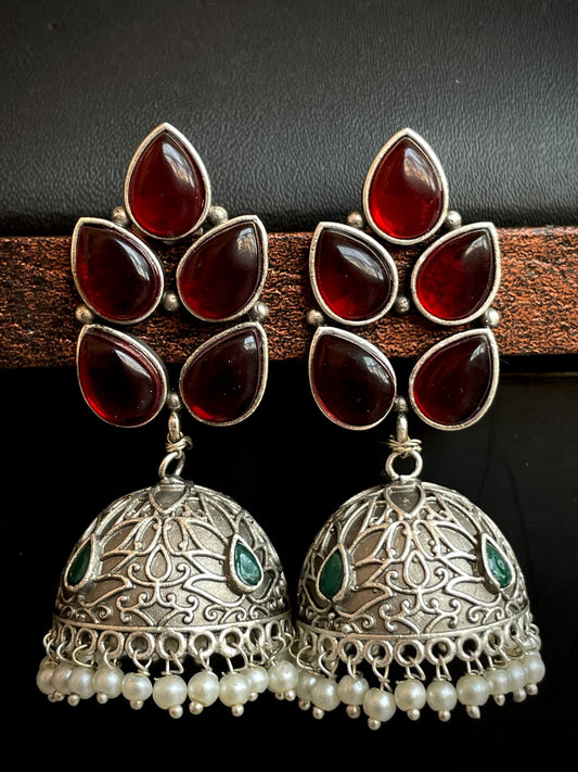 Natural Stone Top with Silver Replica Jhumka Earring