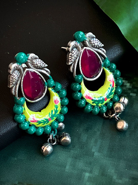 Hand Painted Oxidized Monalisa Stone with Ghunghroo Earring