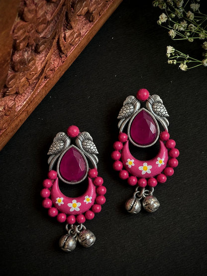 Hand Painted Oxidized Monalisa Stone with Ghunghroo Earring