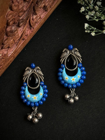 Hand Painted Oxidized Monalisa Stone with Ghunghroo Earring