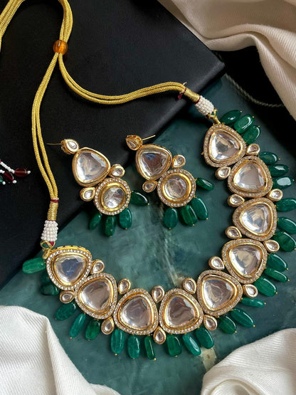 Kundan Necklace with Zade Stone Beads and Earring Set