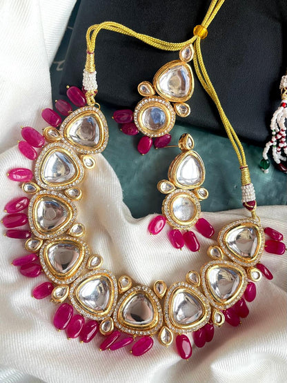 Kundan Necklace with Zade Stone Beads and Earring Set