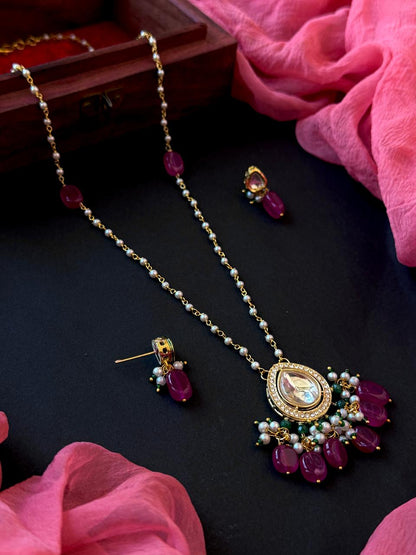 Kundan Beaded Pendant Chain Necklace with Earring set