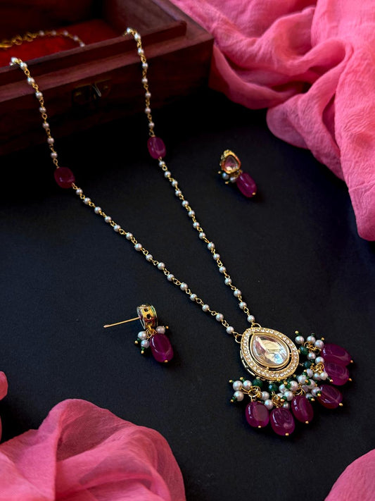 Kundan Beaded Pendant Chain Necklace with Earring set