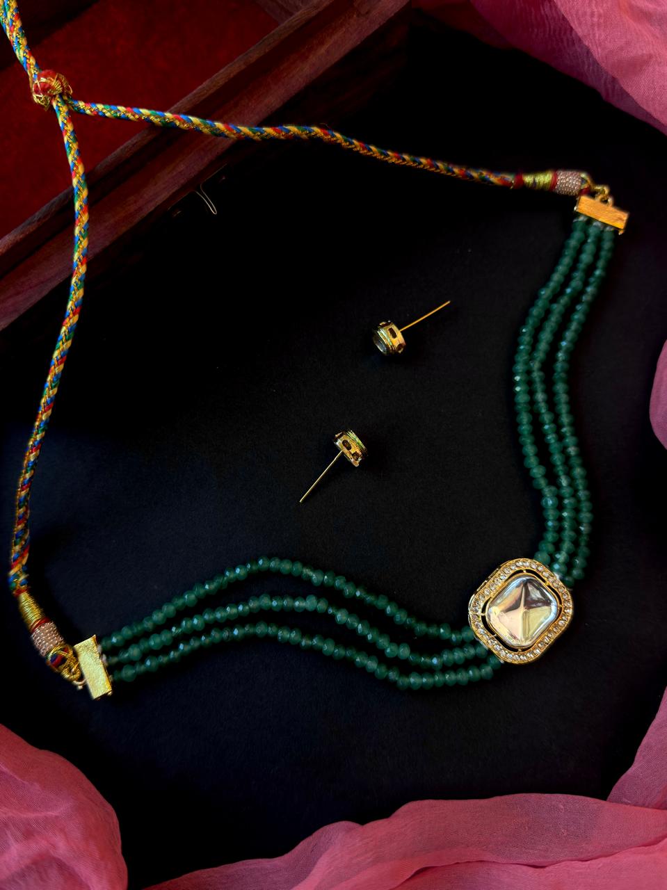 Stone Beads with Kundan Three Layered Choker and Kundan Earring Set