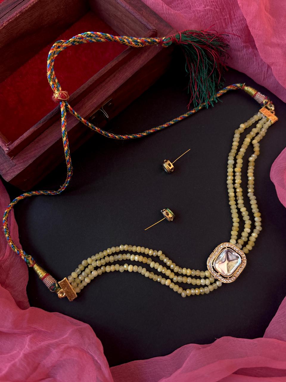 Stone Beads with Kundan Three Layered Choker and Kundan Earring Set