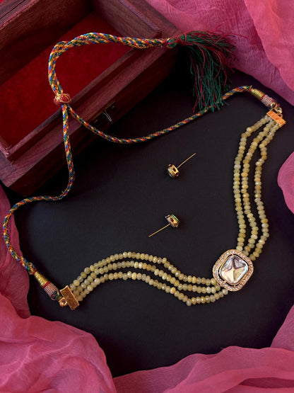 Stone Beads with Kundan Three Layered Choker and Kundan Earring Set