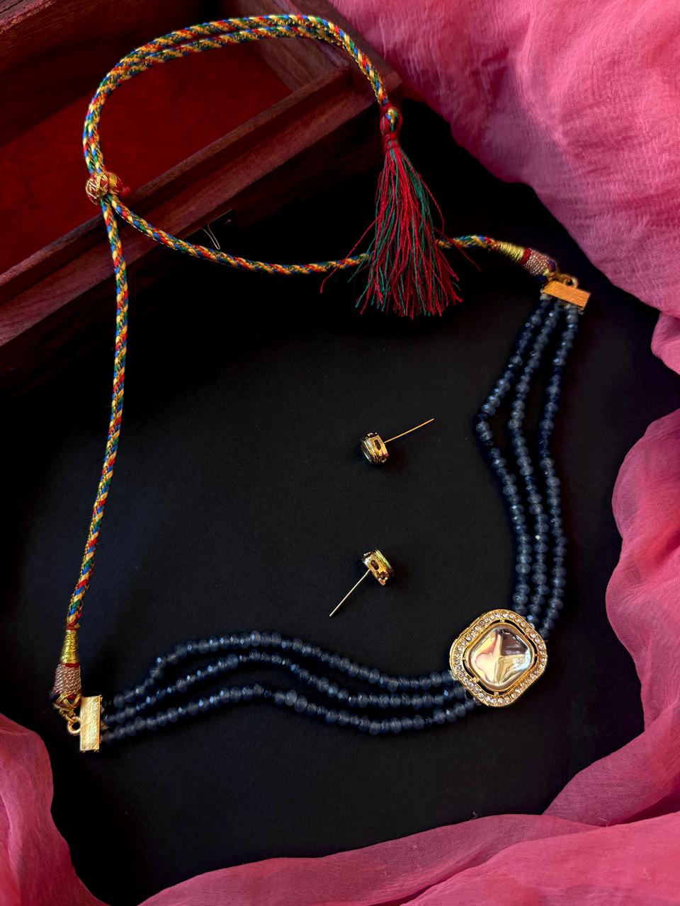 Stone Beads with Kundan Three Layered Choker and Kundan Earring Set