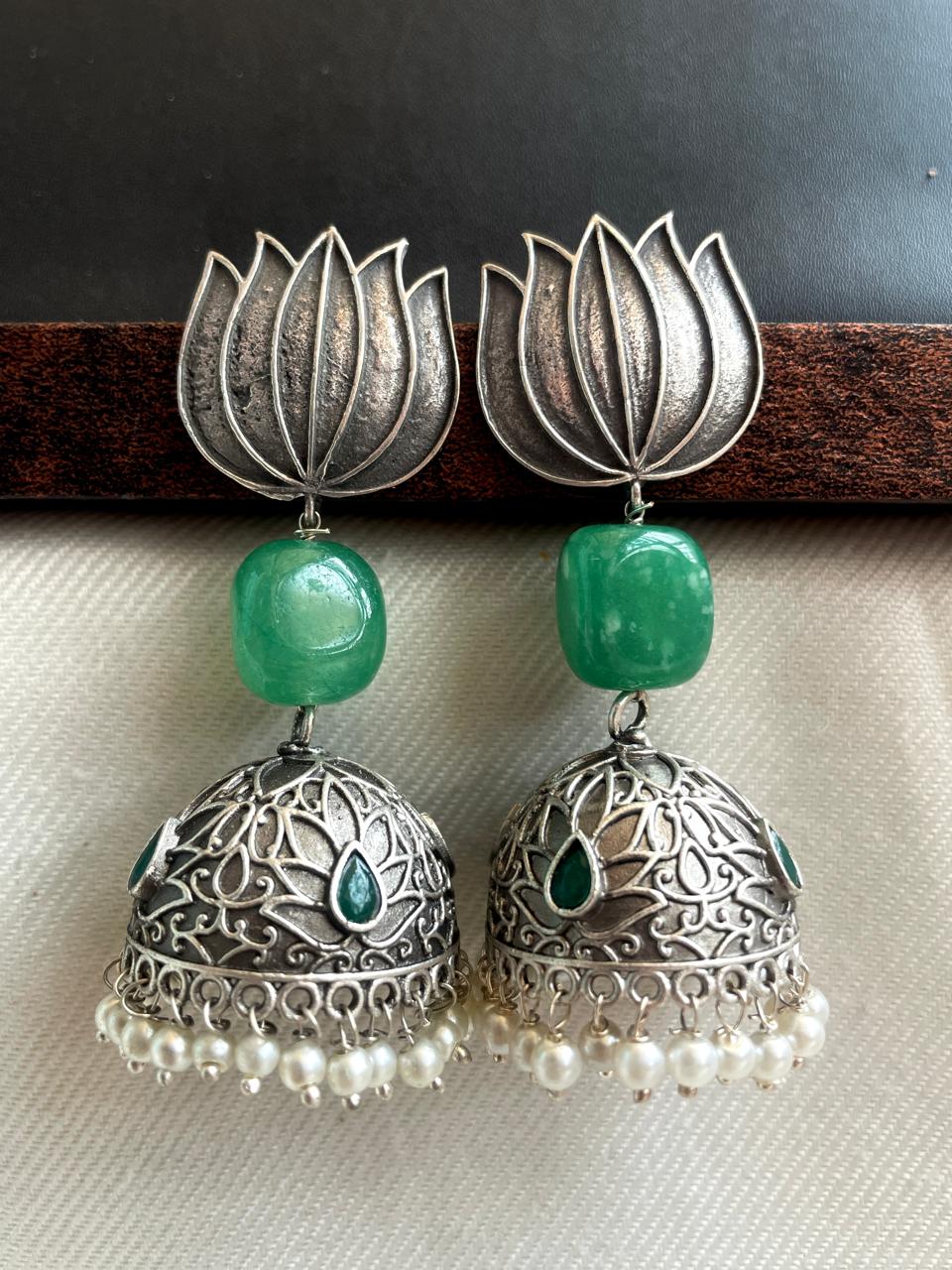 Lotus Top, Natural Stone and Silver Replica Jhumki Earring