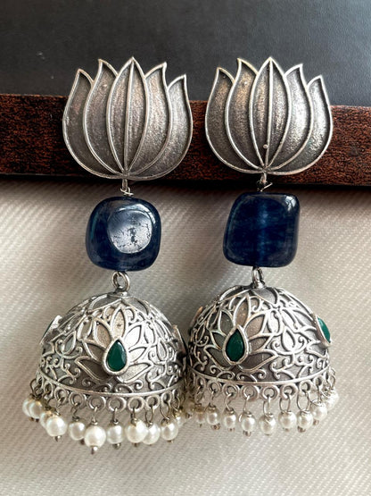 Lotus Top, Natural Stone and Silver Replica Jhumki Earring