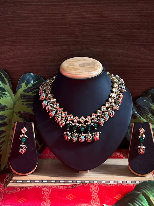 Partywear Kundan with Lakh Brass Beads Necklace with Earring set