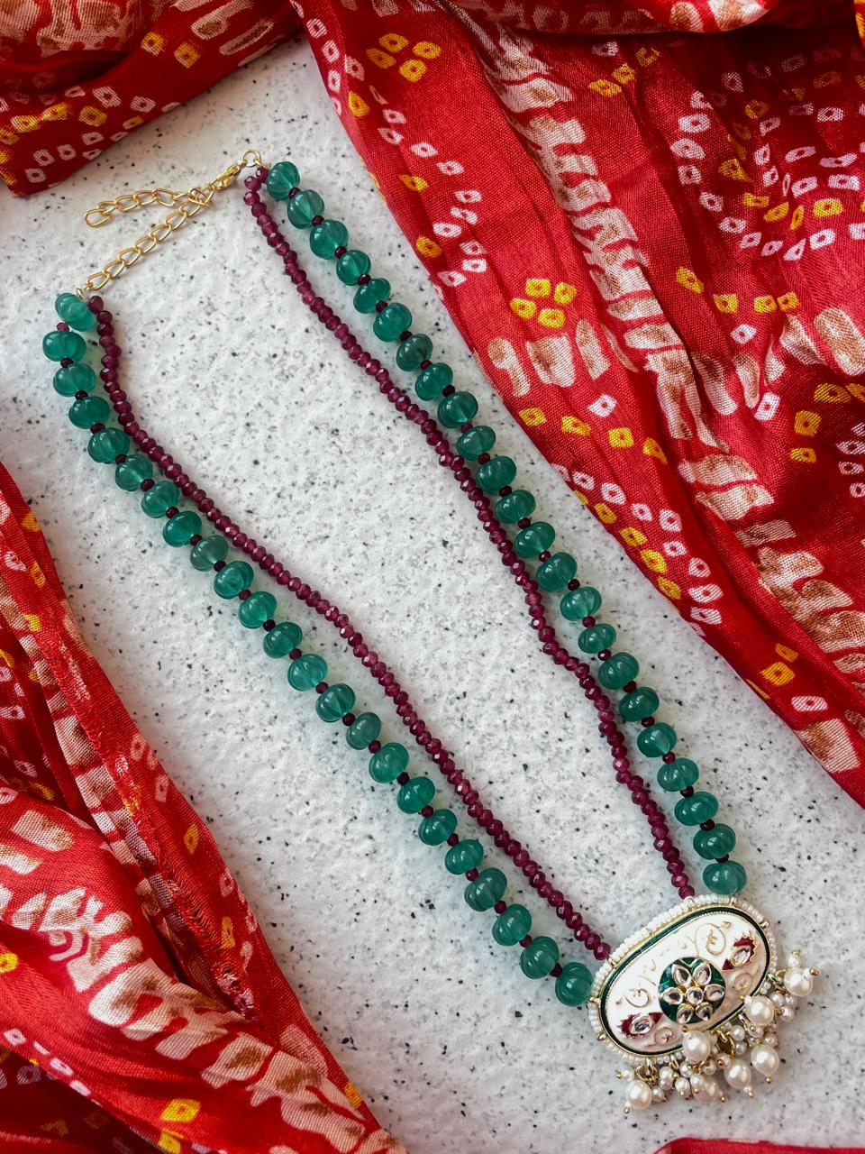 Pumpkin Beads with Glass Beads Mala and Meenakari Pendant Necklace