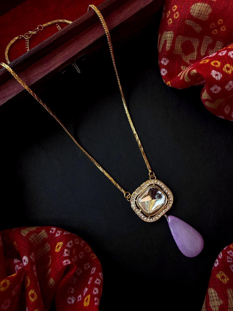 Kundan with Natural Stone PendantChain Necklace