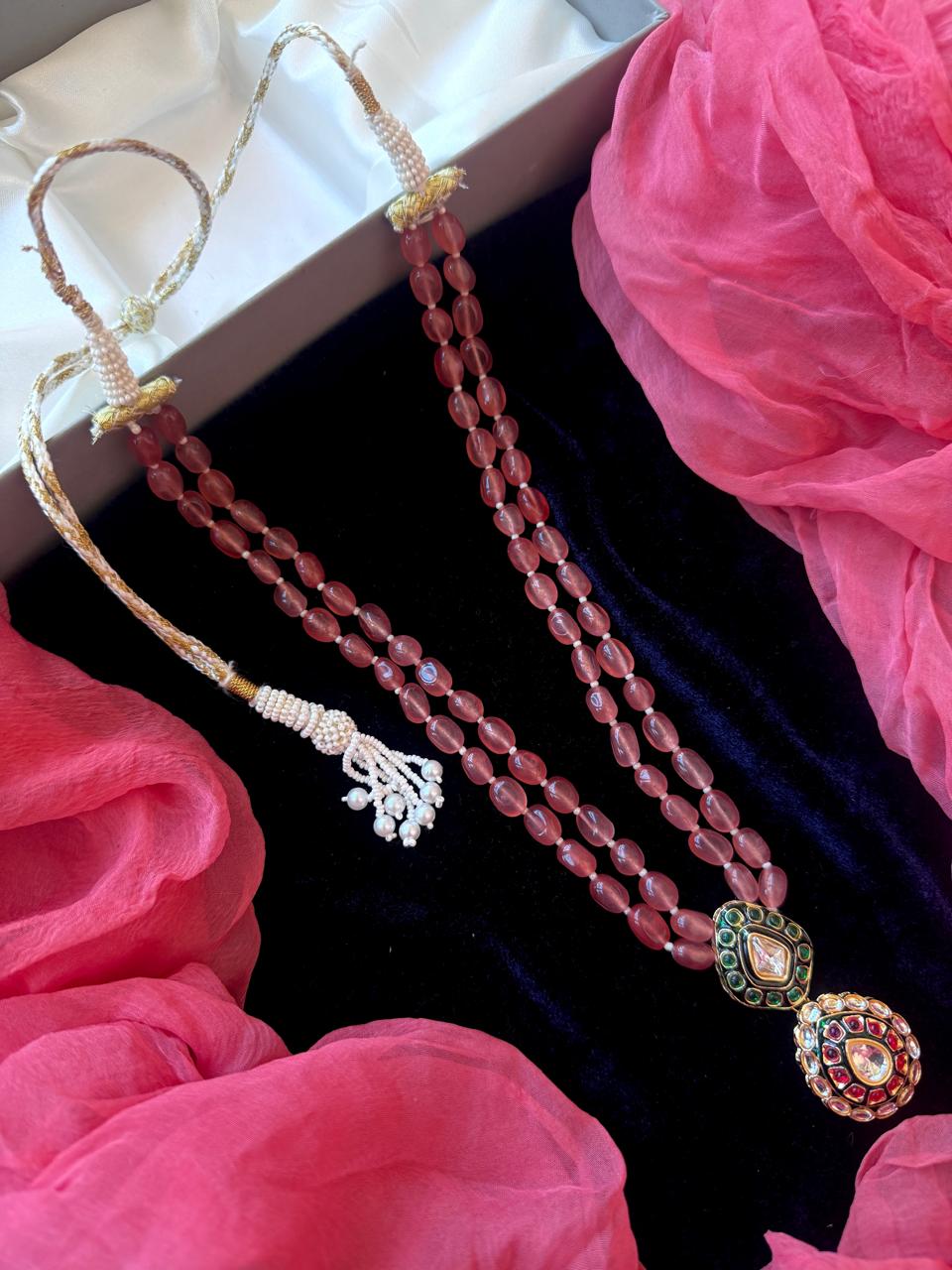 Kundan Meenakari Pendant Stone Beaded Double Layered Mala Necklace