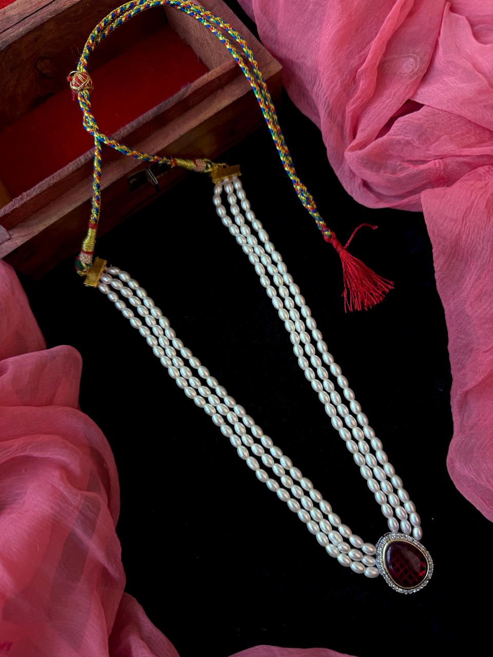 Monalisa Stone Pendant Beaded Three Layere Mala Necklace