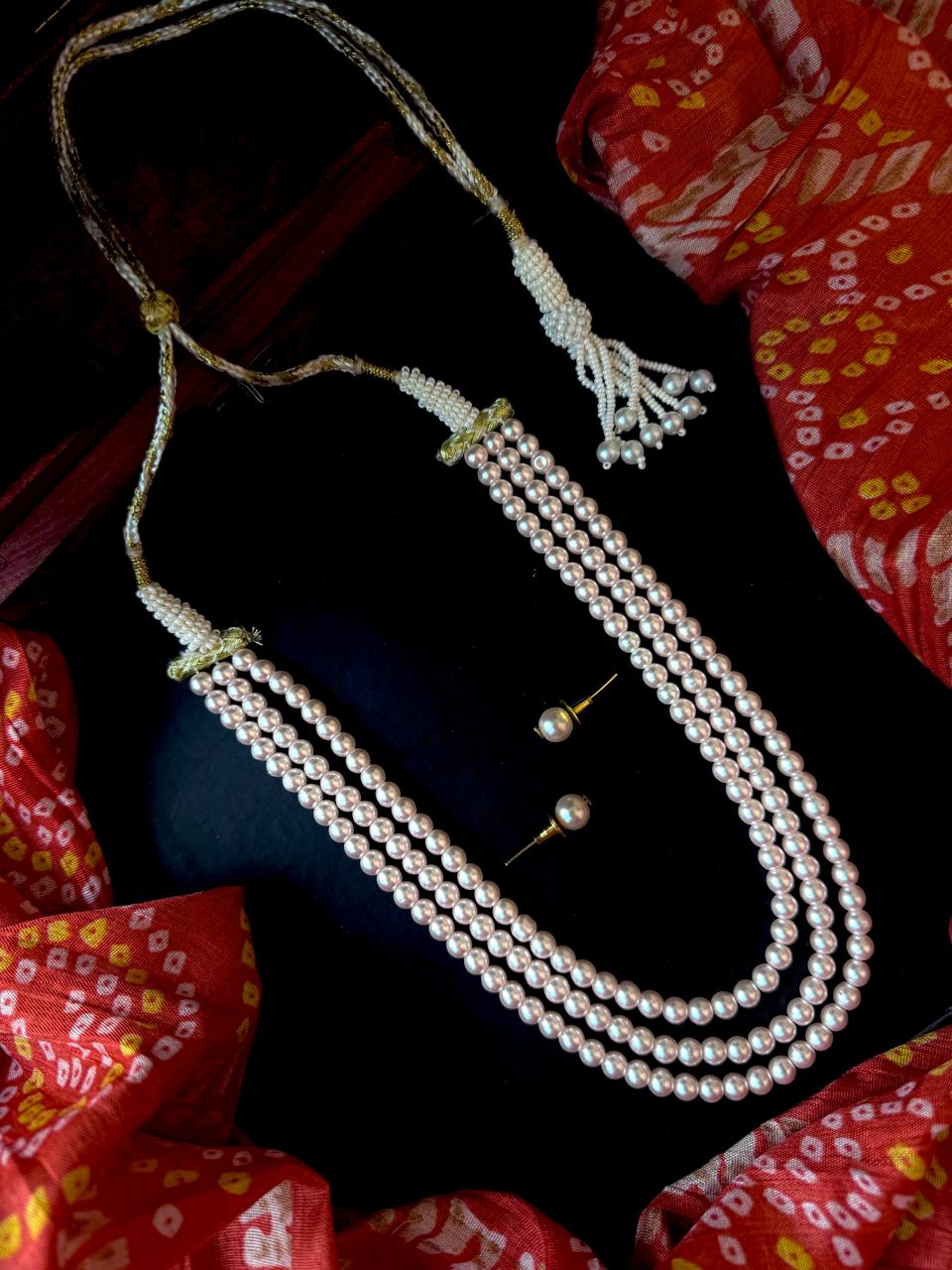 Shell Pearl Three Layered Mala with Earring set