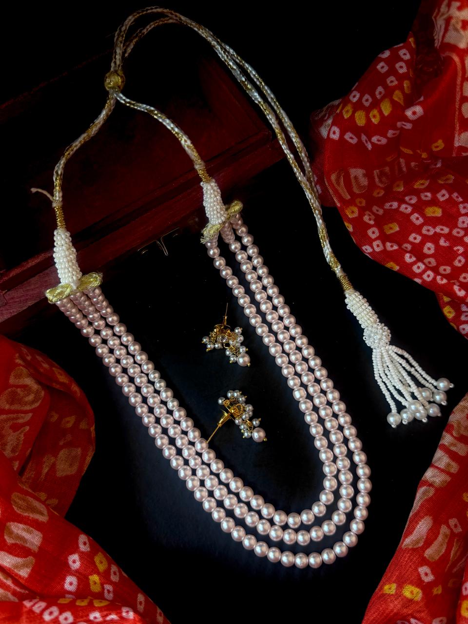 Shell Pearl Three Layered Mala with Earring set