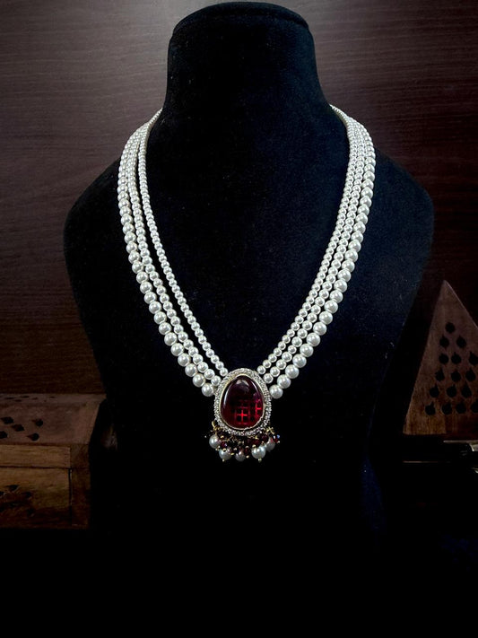 Monalisa Stone Pendant Shell Pearl Three Layered Mala with Adjustable Dori