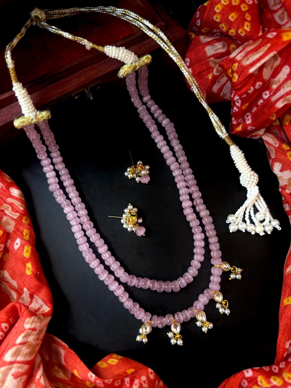 Monalisa Semi Precious Pumpkin Beaded Mala with Kundan and Earring Set