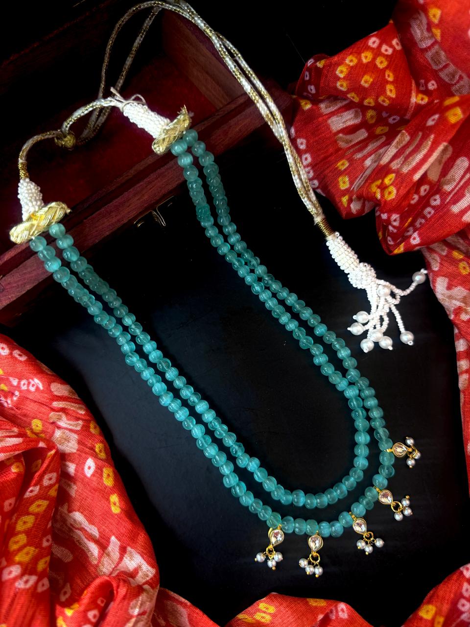Monalisa Semi Precious Pumpkin Beaded Mala with Kundan and Earring Set