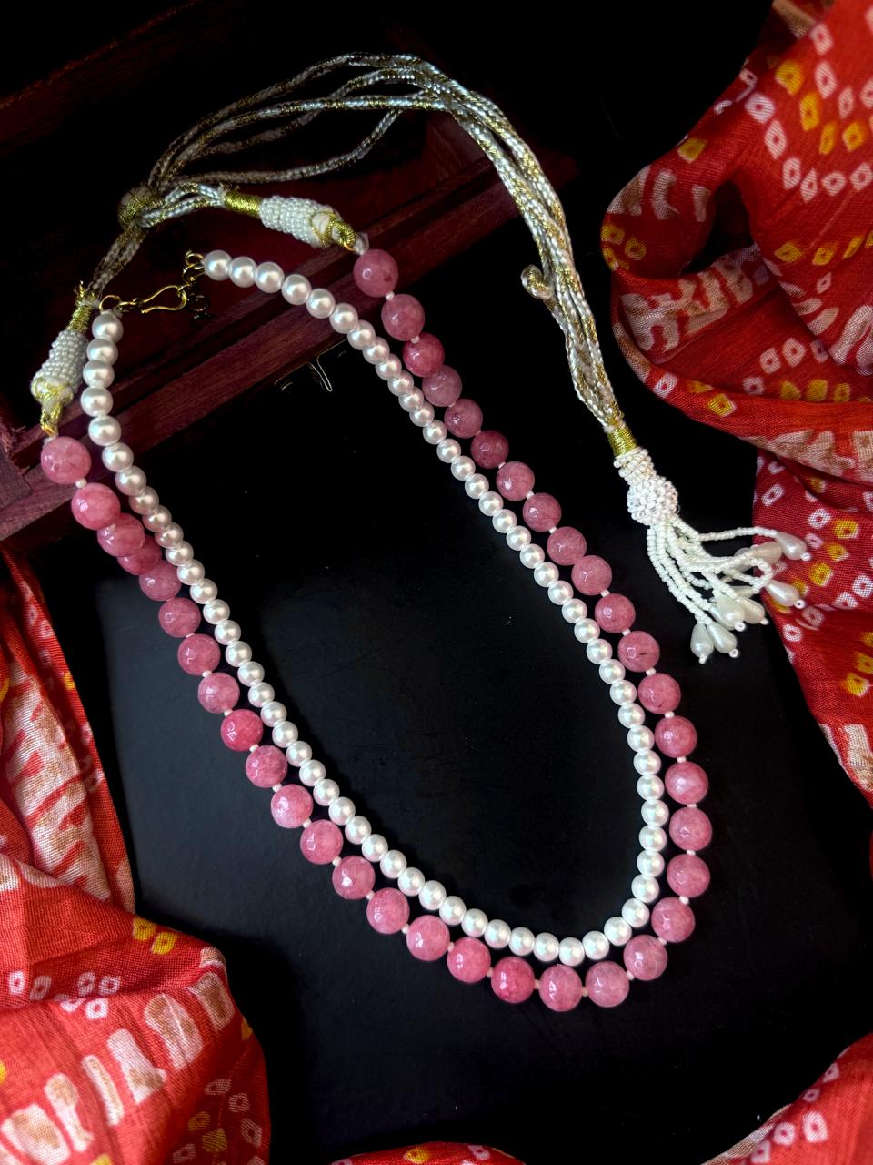 Stone Beads and Shell Pearl Double Layered Mala