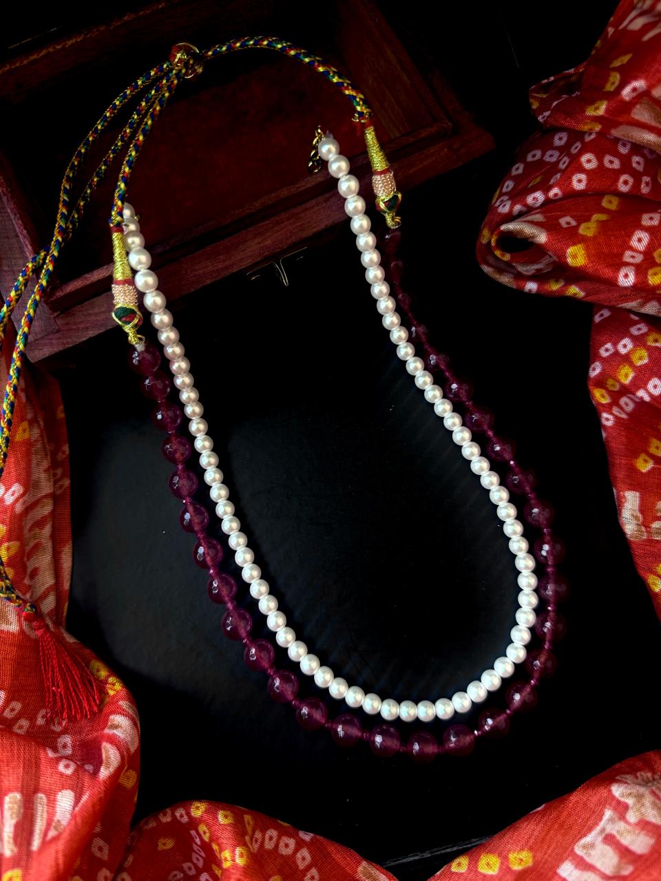 Stone Beads and Shell Pearl Double Layered Mala