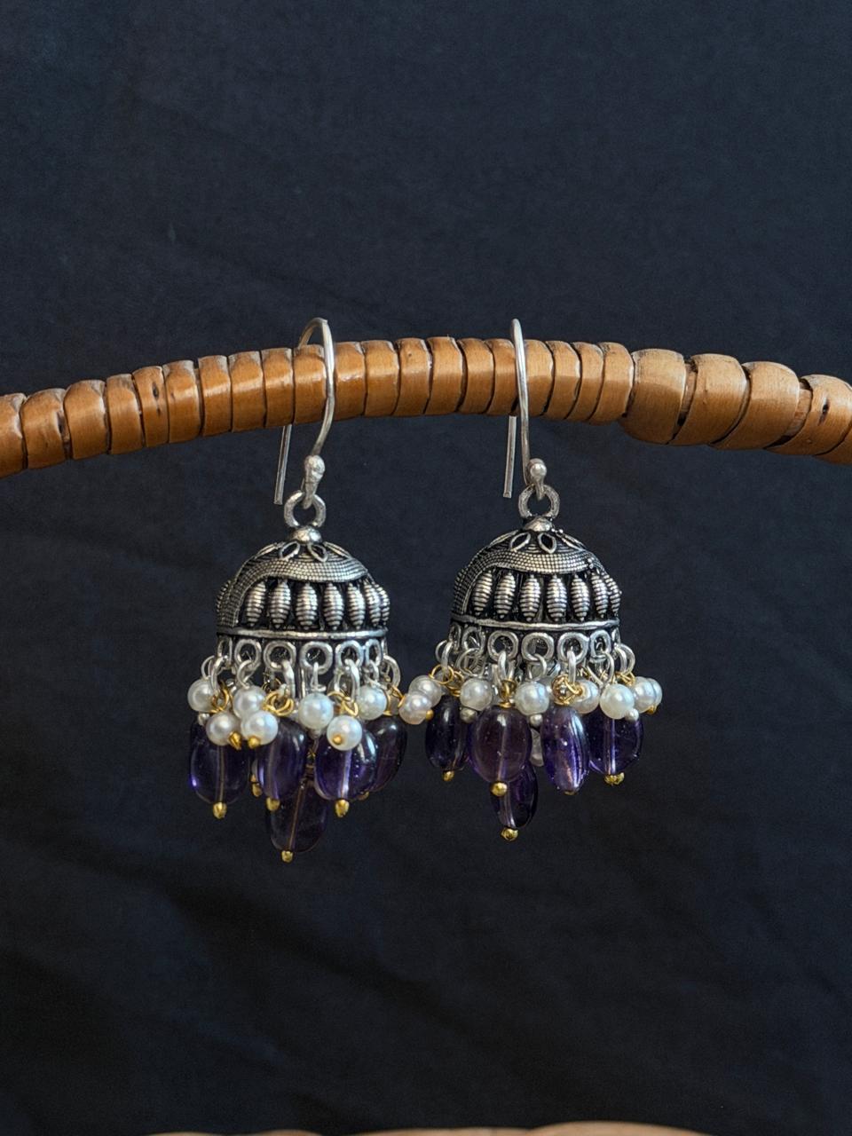 Stone Beaded Partywear Oxidized Jhumki Earring