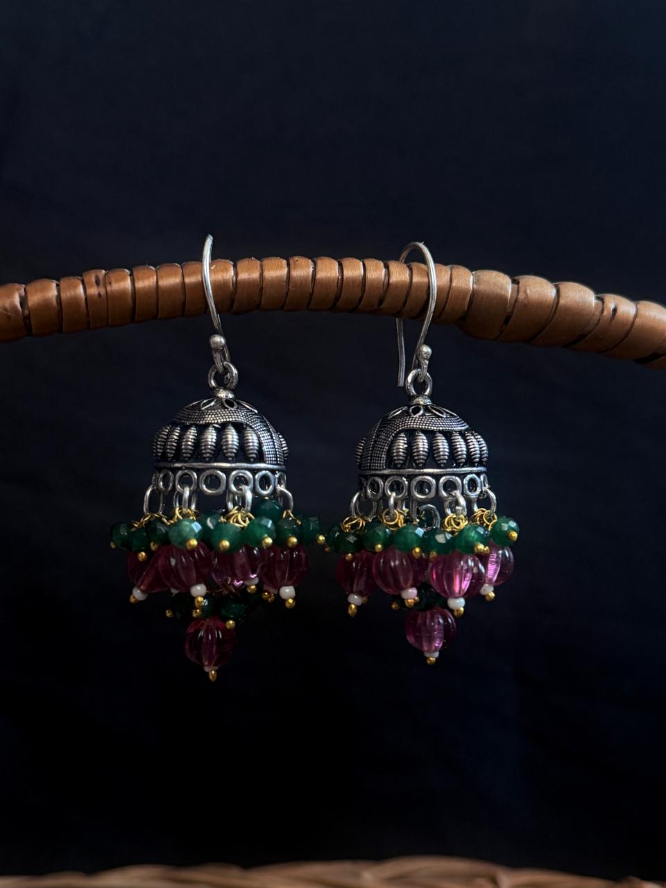 Stone Beaded Partywear Oxidized Jhumki Earring