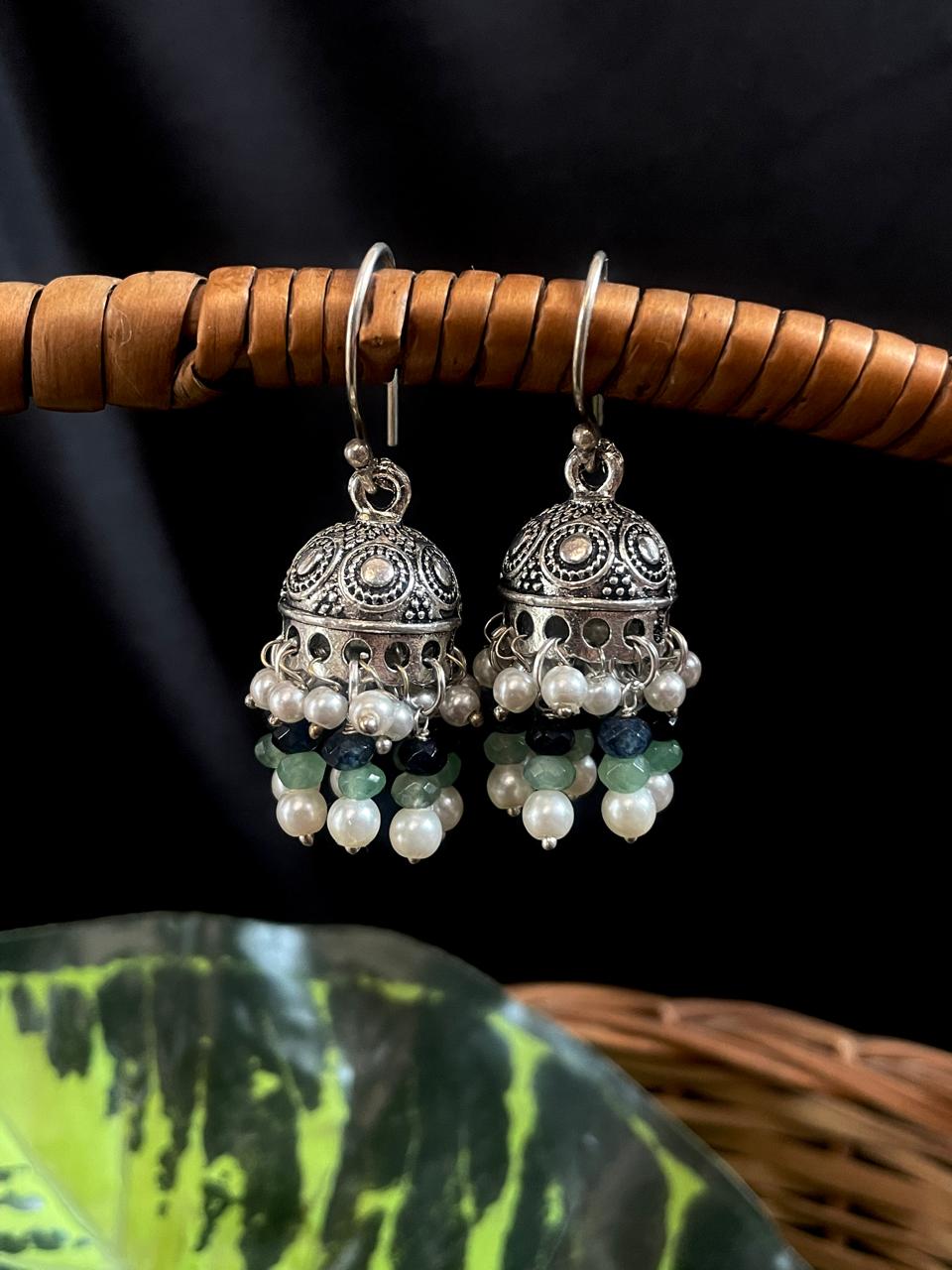 Stone Beaded Silver Replica Jhumki Earring