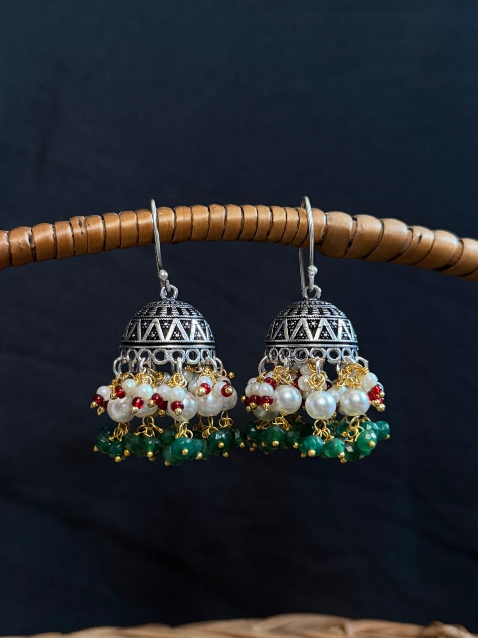 Stone Beaded Oxidized Ethnic Earring