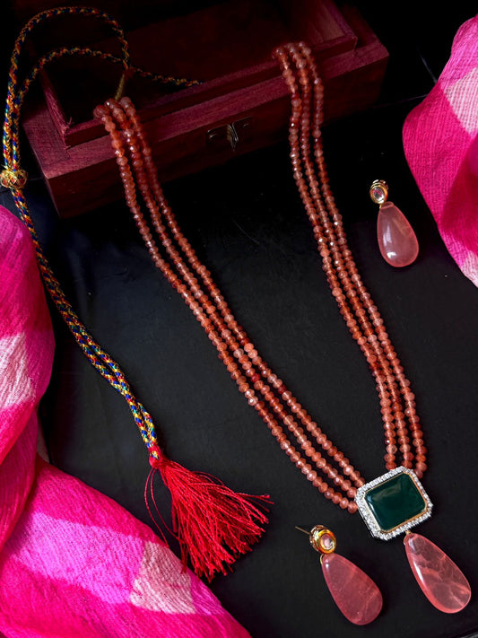 Monalisa Stone Pendant Three Layered Stone Beads Mala Necklace with Earring set
