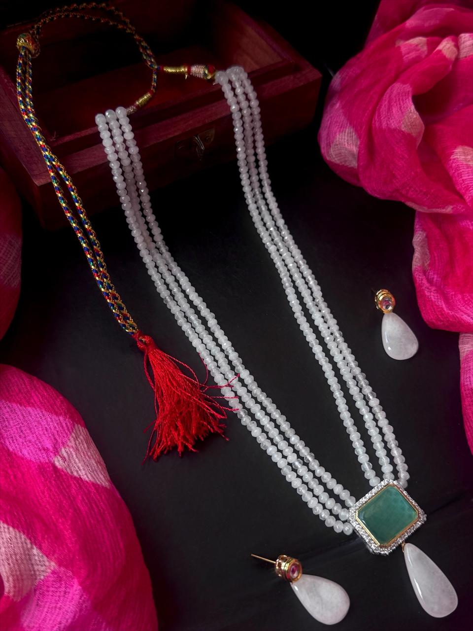 Monalisa Stone Pendant Three Layered Stone Beads Mala Necklace with Earring set