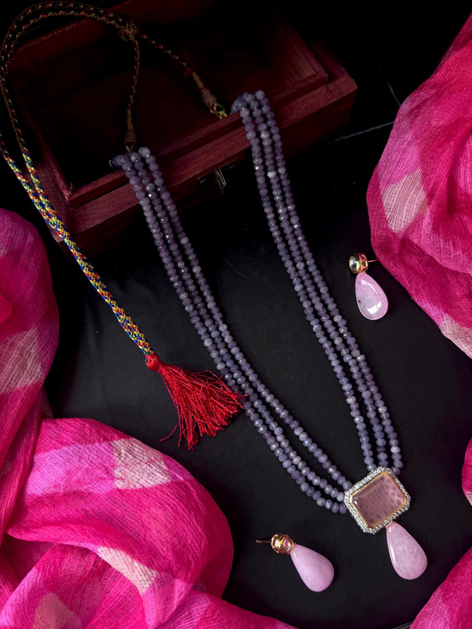 Monalisa Stone Pendant Three Layered Stone Beads Mala Necklace with Earring set