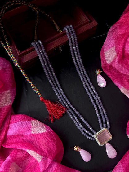 Monalisa Stone Pendant Three Layered Stone Beads Mala Necklace with Earring set