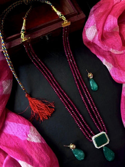 Monalisa Stone Pendant Three Layered Stone Beads Mala Necklace with Earring set