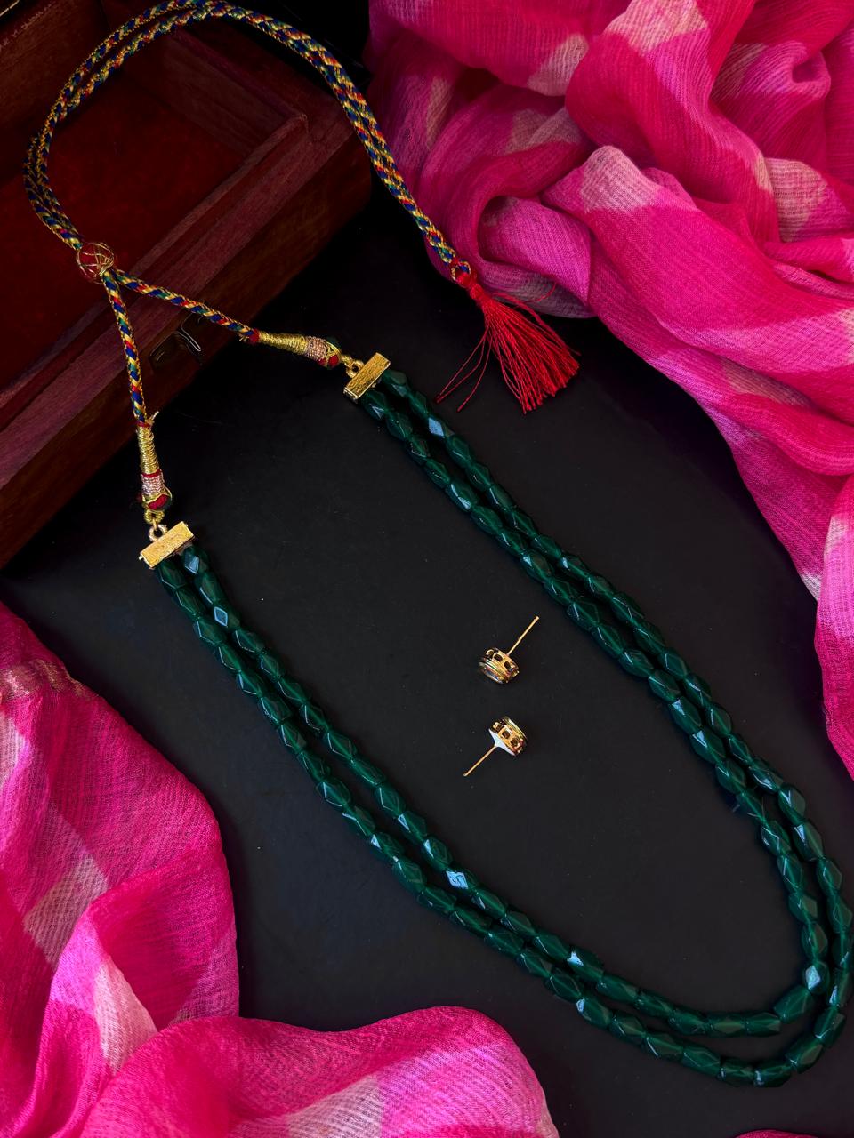 Cust Stones Beaded Double Layer Mala with Kundan Earring