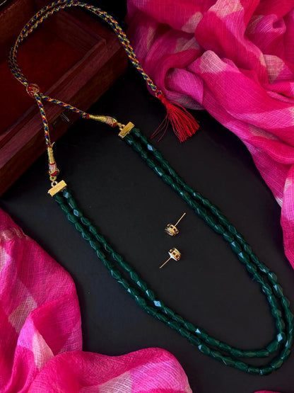 Cust Stones Beaded Double Layer Mala with Kundan Earring