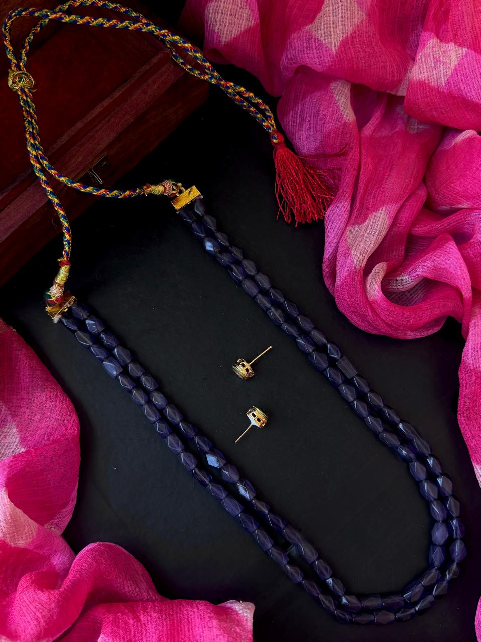 Cust Stones Beaded Double Layer Mala with Kundan Earring