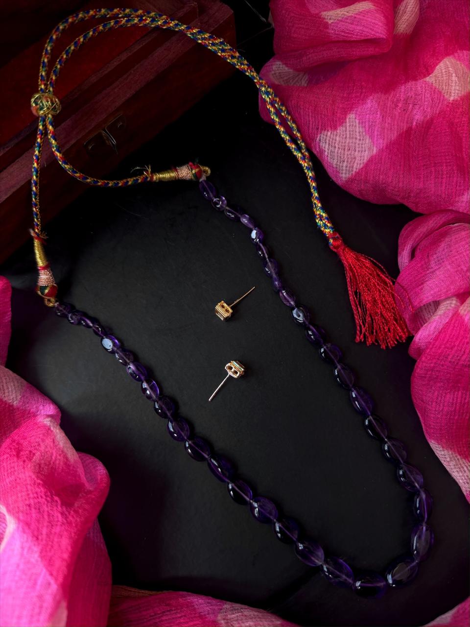 Amethyst Stone Beaded Single Layer Mala with Kundan Earring