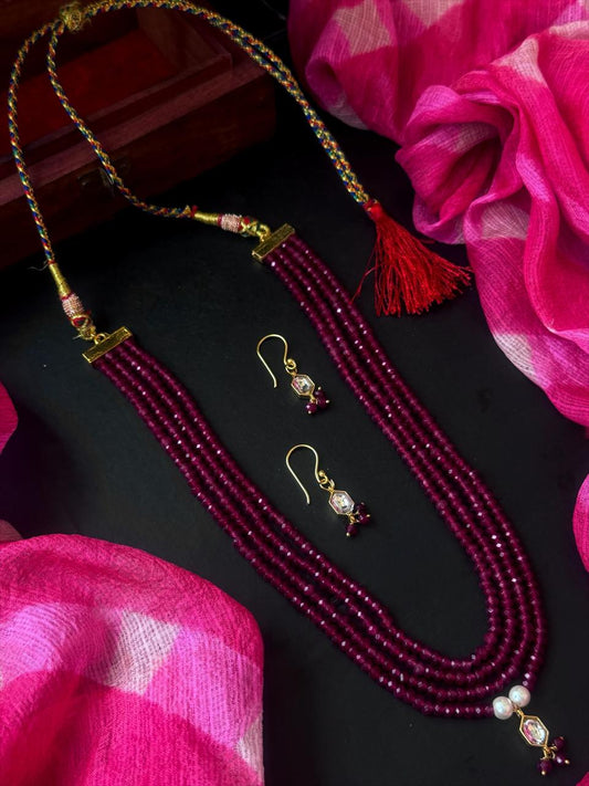 Pachi Kundan Pendant with Stone Beads Four Mala and Earring Set