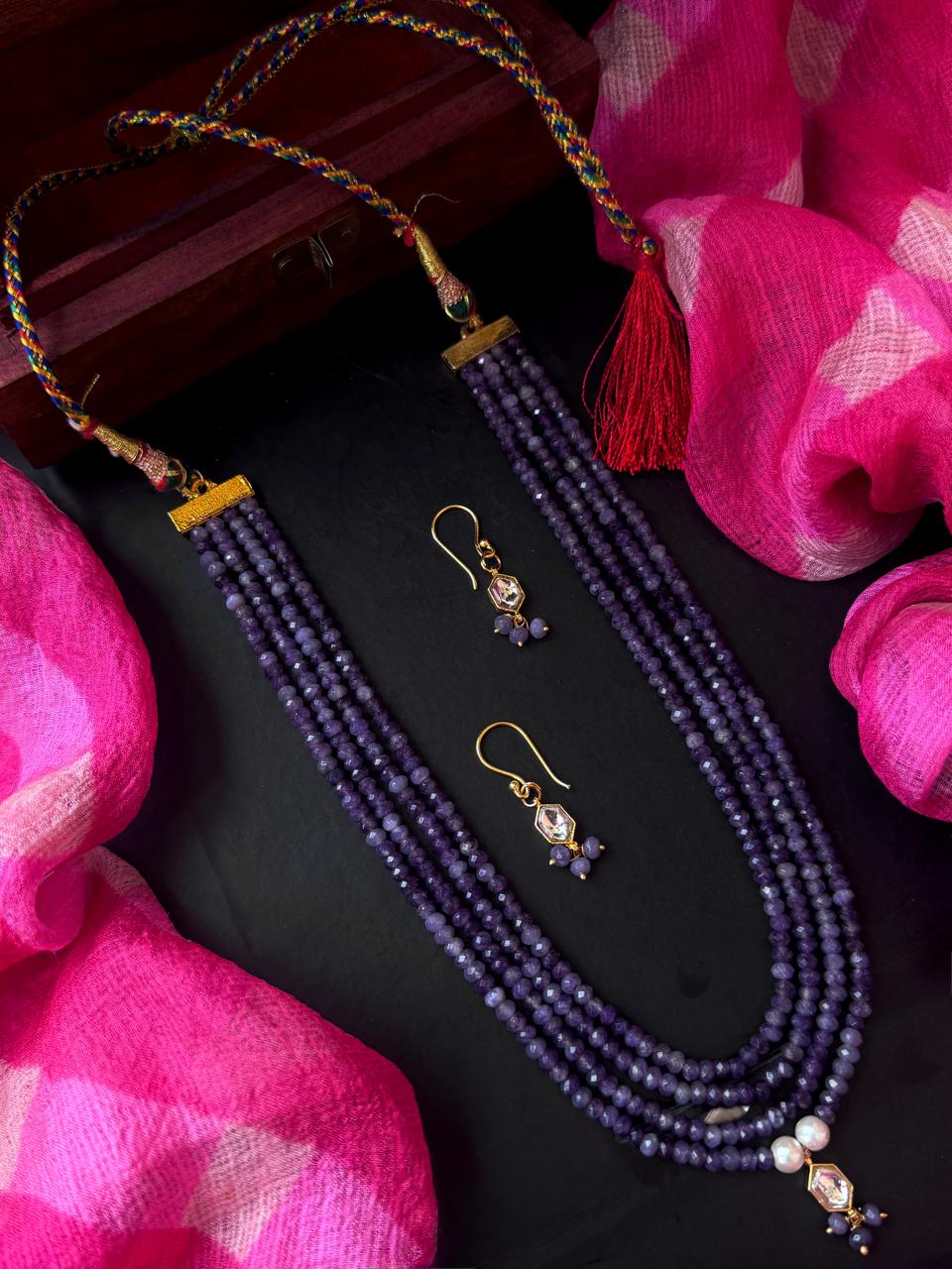 Pachi Kundan Pendant with Stone Beads Four Mala and Earring Set
