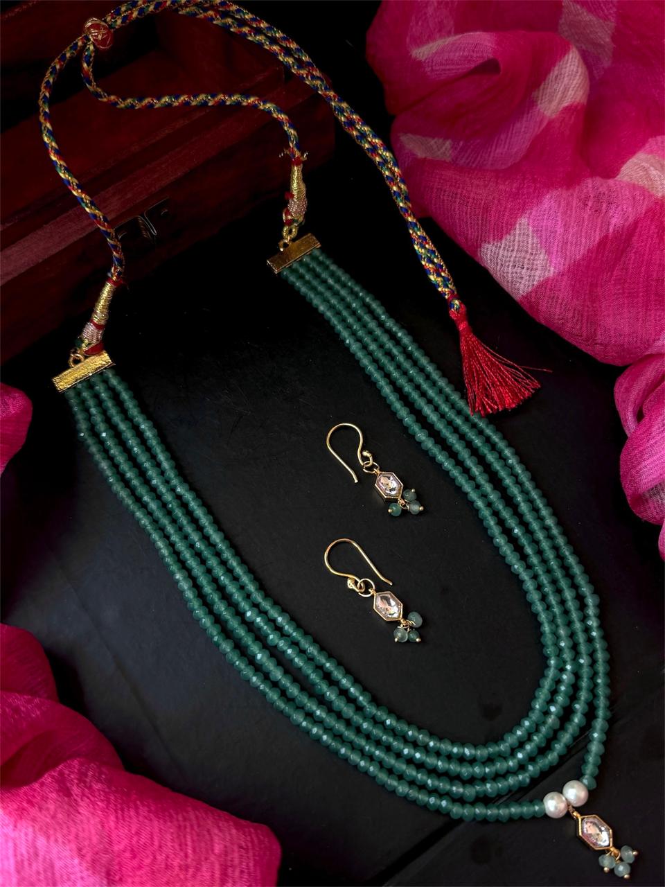 Pachi Kundan Pendant with Stone Beads Four Mala and Earring Set