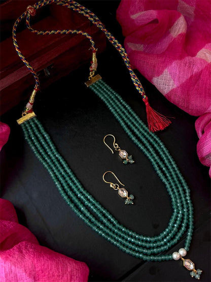 Pachi Kundan Pendant with Stone Beads Four Mala and Earring Set
