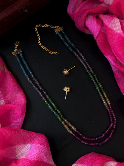 Muli Colour Stne Beaded Double Layer Mala with Kundan Earring