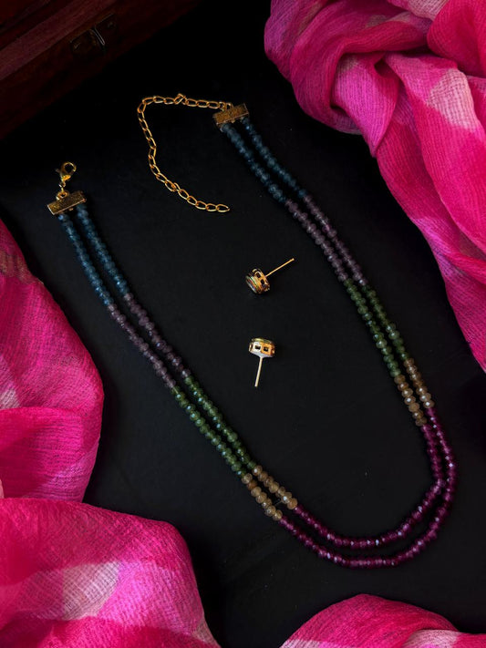 Muli Colour Stne Beaded Double Layer Mala with Kundan Earring