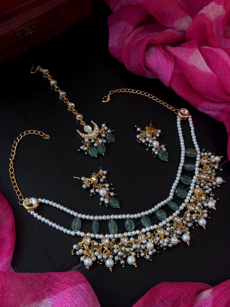 Kundan with Stones Choker, Earring and Mang Tika set