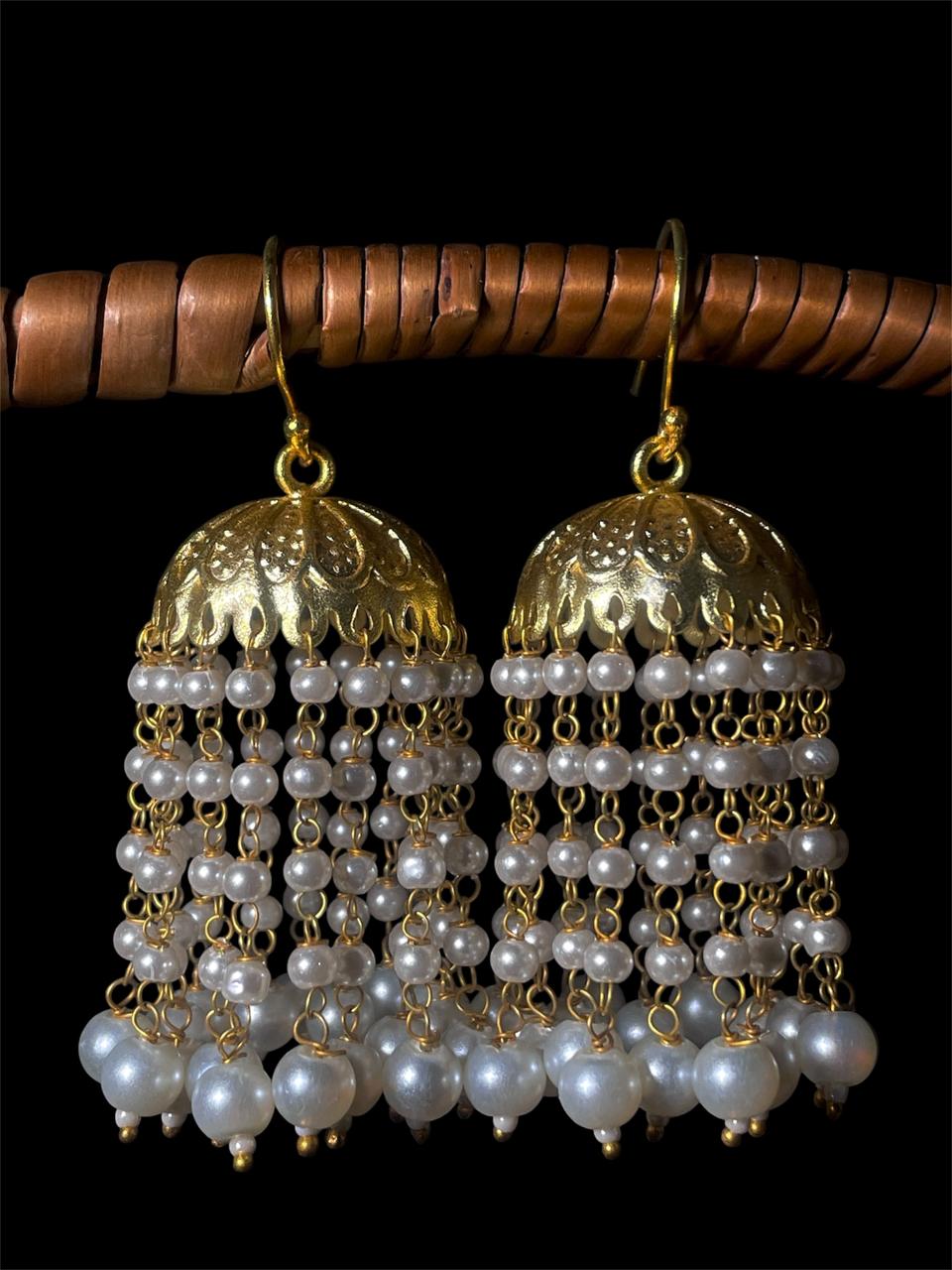White Beaded Latkan Golden Jhumki Earring