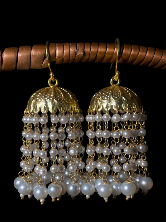 White Beaded Latkan Golden Jhumki Earring