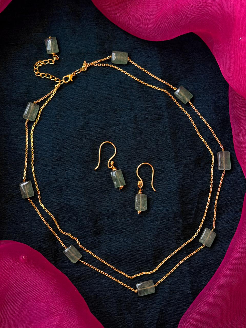 Stone Beaded Double Layer Chain Necklace with Earring Set